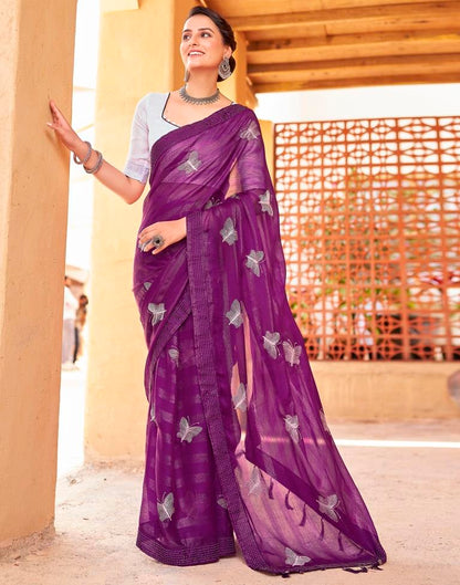 Ready to Wear Dark Purple Chiffon Embroidery Saree