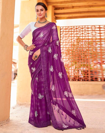 Ready to Wear Dark Purple Chiffon Embroidery Saree