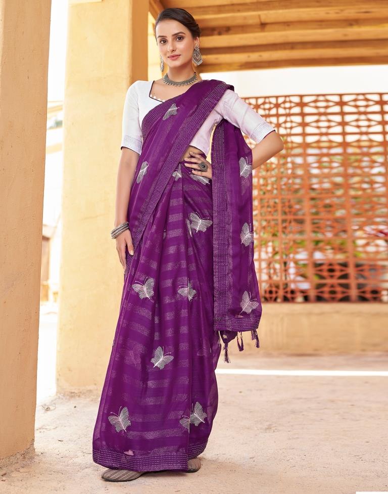 Ready to Wear Dark Purple Chiffon Embroidery Saree