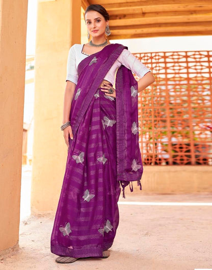 Ready to Wear Dark Purple Chiffon Embroidery Saree