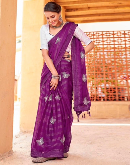 Ready to Wear Dark Purple Chiffon Embroidery Saree