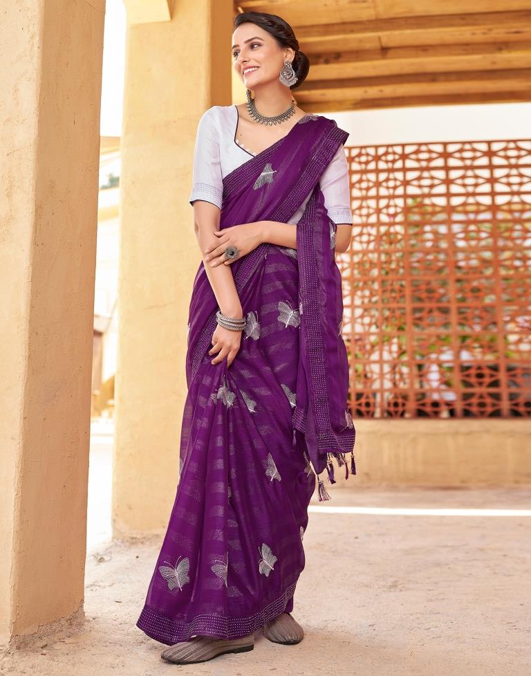 Ready to Wear Dark Purple Chiffon Embroidery Saree