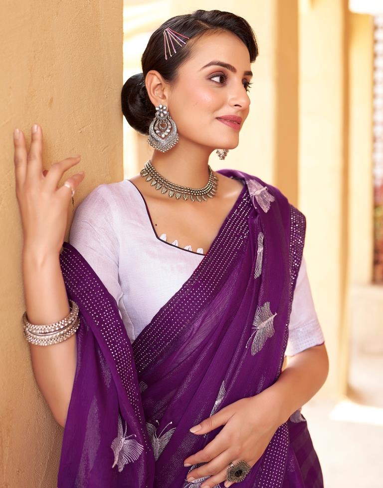 Ready to Wear Dark Purple Chiffon Embroidery Saree