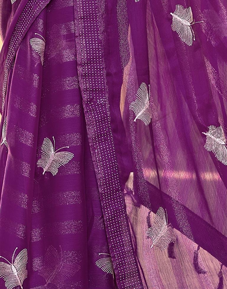 Ready to Wear Dark Purple Chiffon Embroidery Saree