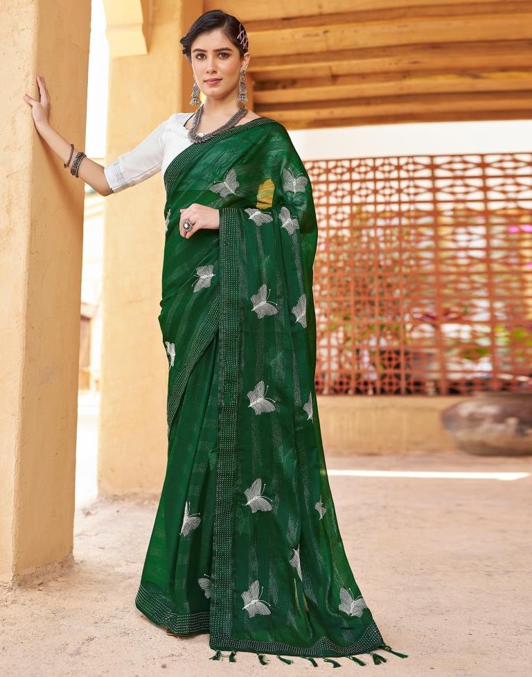 Ready to Wear Bottle Green Chiffon Embroidery Saree