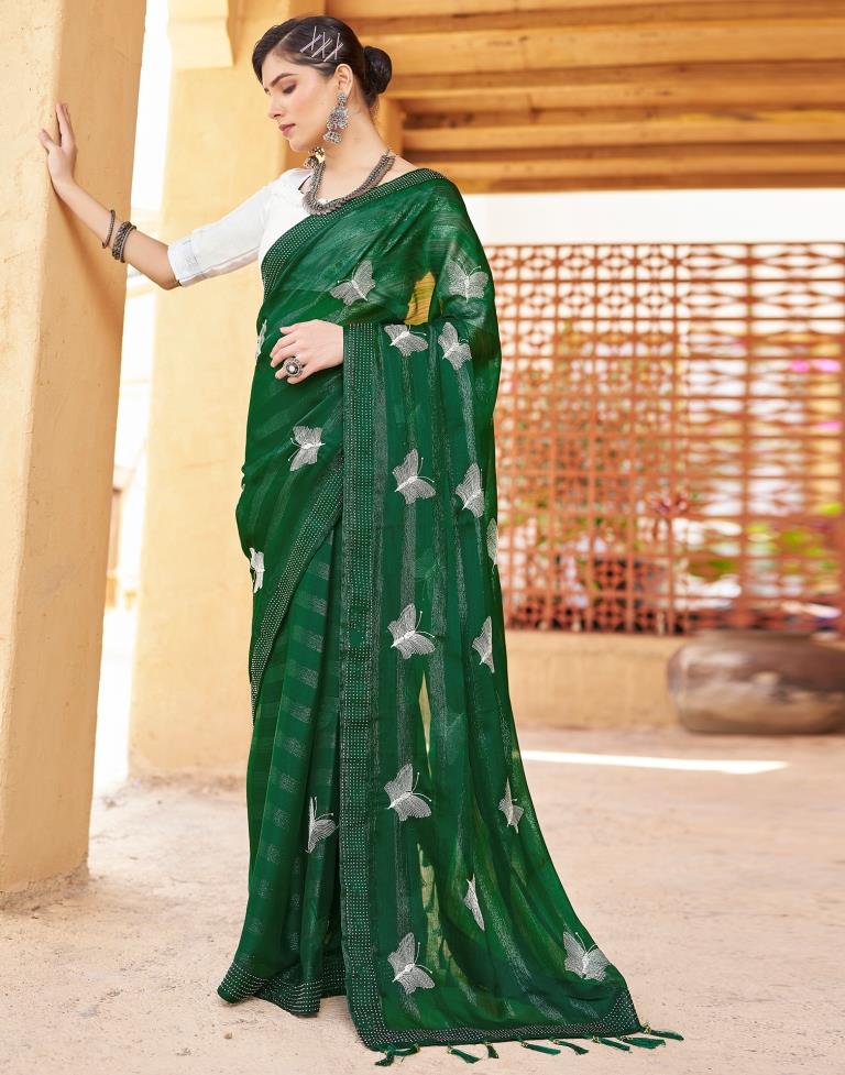 Ready to Wear Bottle Green Chiffon Embroidery Saree