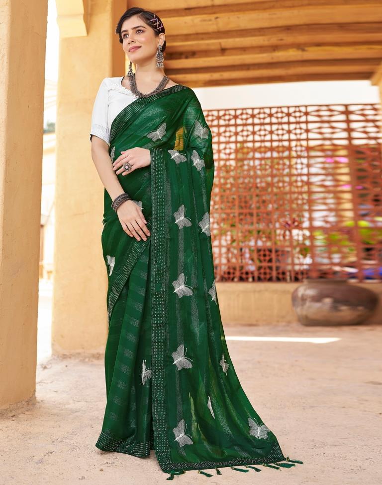 Ready to Wear Bottle Green Chiffon Embroidery Saree