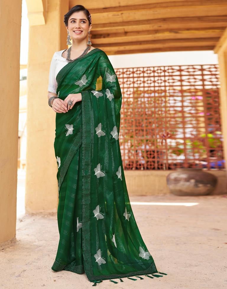 Ready to Wear Bottle Green Chiffon Embroidery Saree