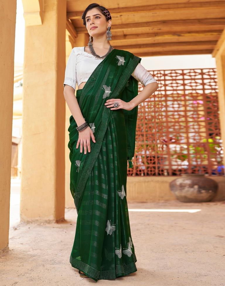 Ready to Wear Bottle Green Chiffon Embroidery Saree