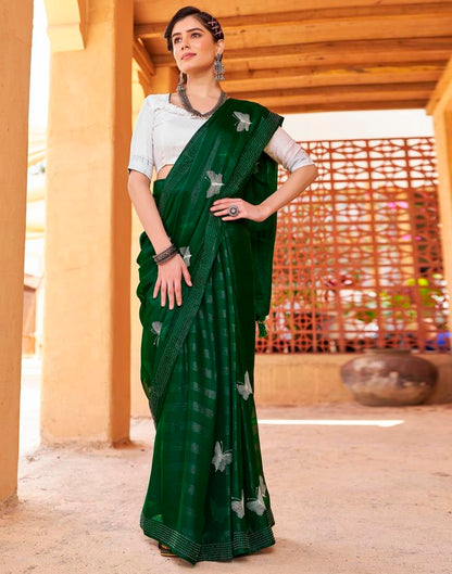 Ready to Wear Bottle Green Chiffon Embroidery Saree