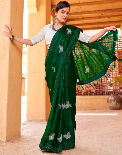 Ready to Wear Bottle Green Chiffon Embroidery Saree