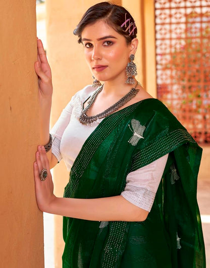 Ready to Wear Bottle Green Chiffon Embroidery Saree