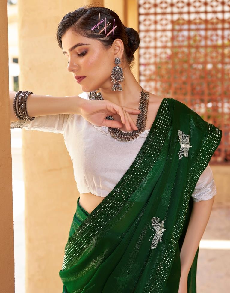 Ready to Wear Bottle Green Chiffon Embroidery Saree