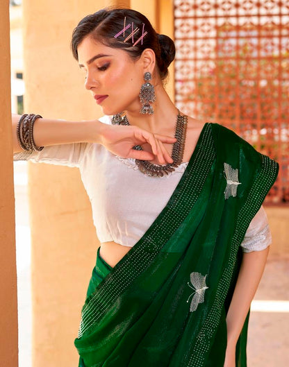 Ready to Wear Bottle Green Chiffon Embroidery Saree