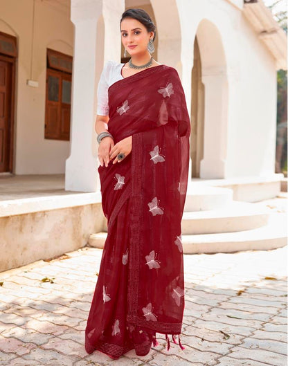 Ready to Wear Maroon Chiffon Embroidery Saree