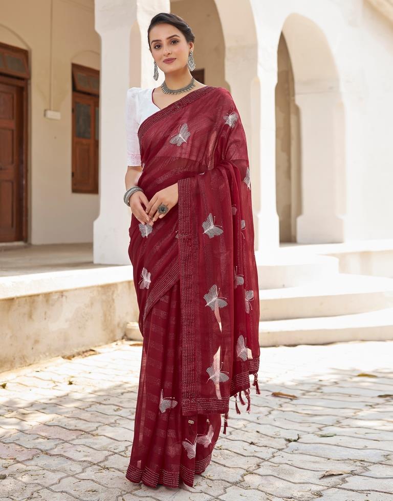 Ready to Wear Maroon Chiffon Embroidery Saree