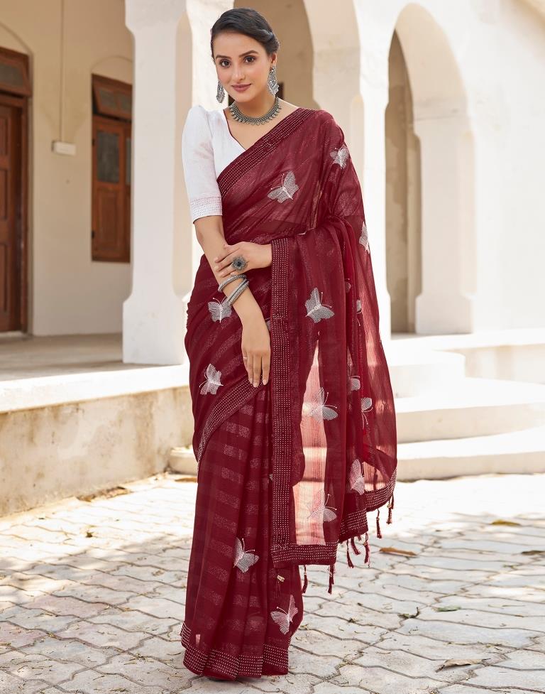 Ready to Wear Maroon Chiffon Embroidery Saree