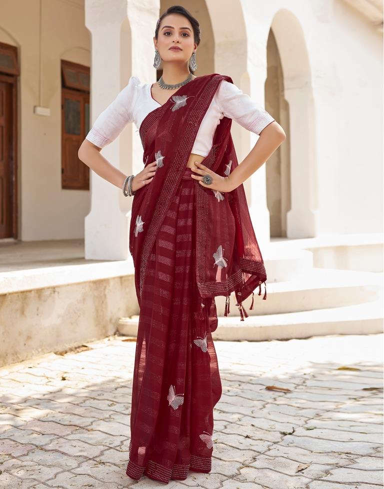 Ready to Wear Maroon Chiffon Embroidery Saree