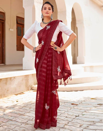 Ready to Wear Maroon Chiffon Embroidery Saree