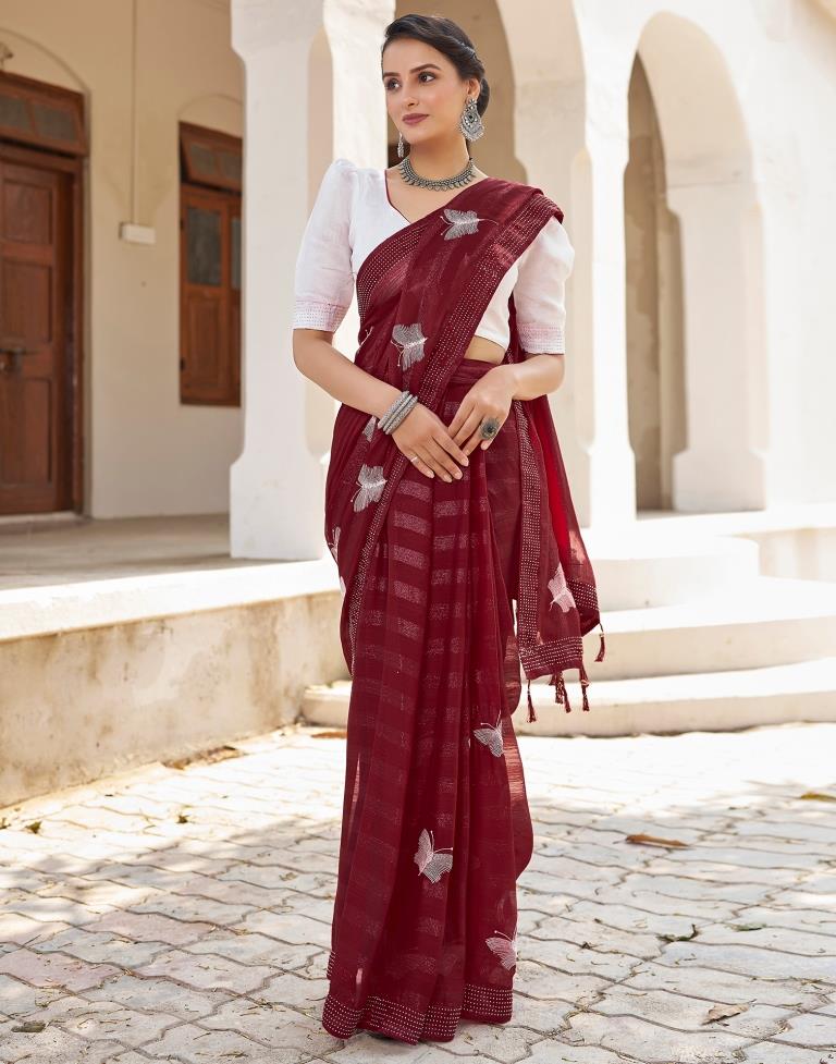 Ready to Wear Maroon Chiffon Embroidery Saree