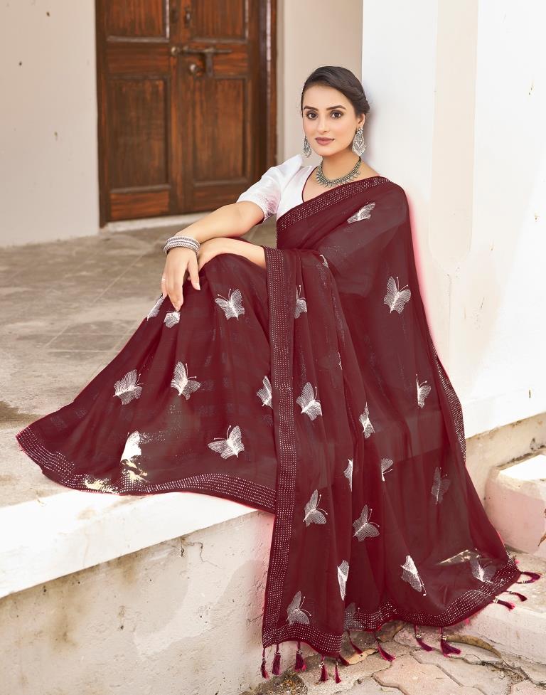 Ready to Wear Maroon Chiffon Embroidery Saree