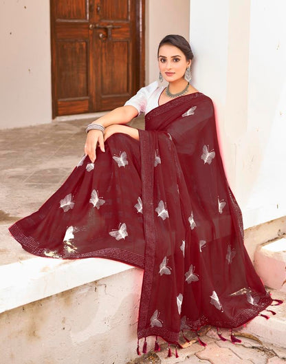 Ready to Wear Maroon Chiffon Embroidery Saree