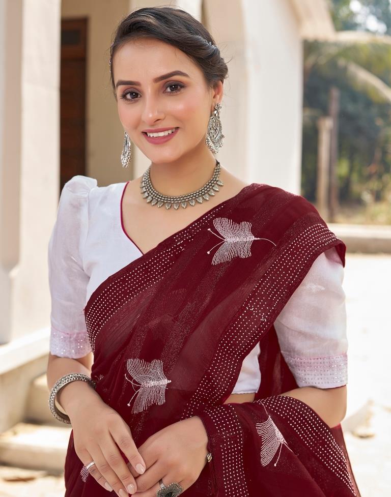 Ready to Wear Maroon Chiffon Embroidery Saree