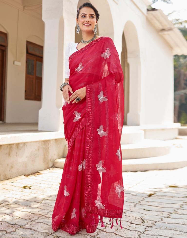 Ready to Wear Red Pink Chiffon Embroidery Saree