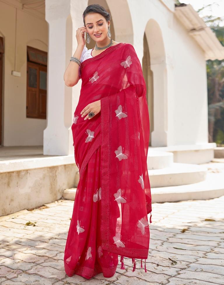 Ready to Wear Red Pink Chiffon Embroidery Saree