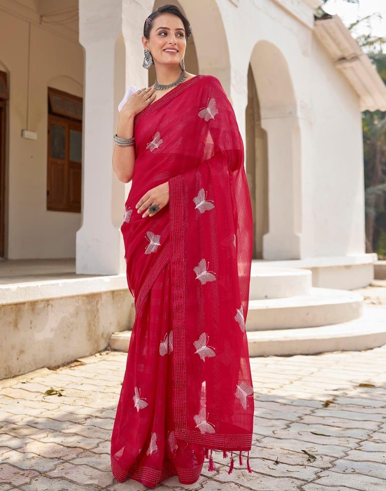 Ready to Wear Red Pink Chiffon Embroidery Saree