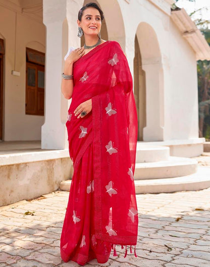 Ready to Wear Red Pink Chiffon Embroidery Saree