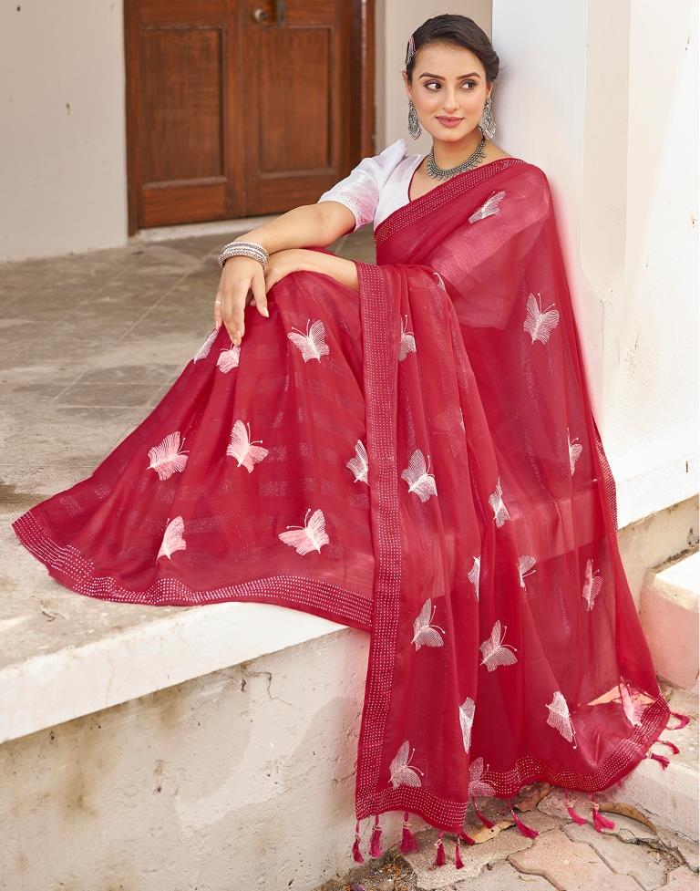 Ready to Wear Red Pink Chiffon Embroidery Saree