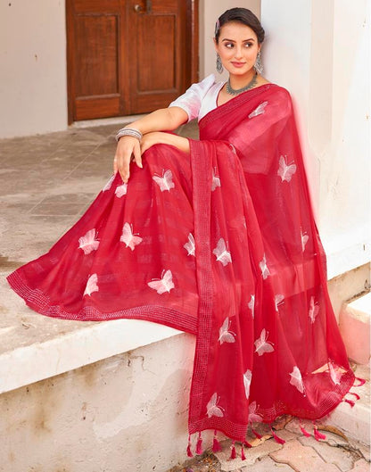 Ready to Wear Red Pink Chiffon Embroidery Saree