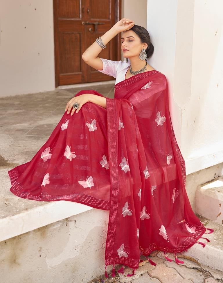 Ready to Wear Red Pink Chiffon Embroidery Saree