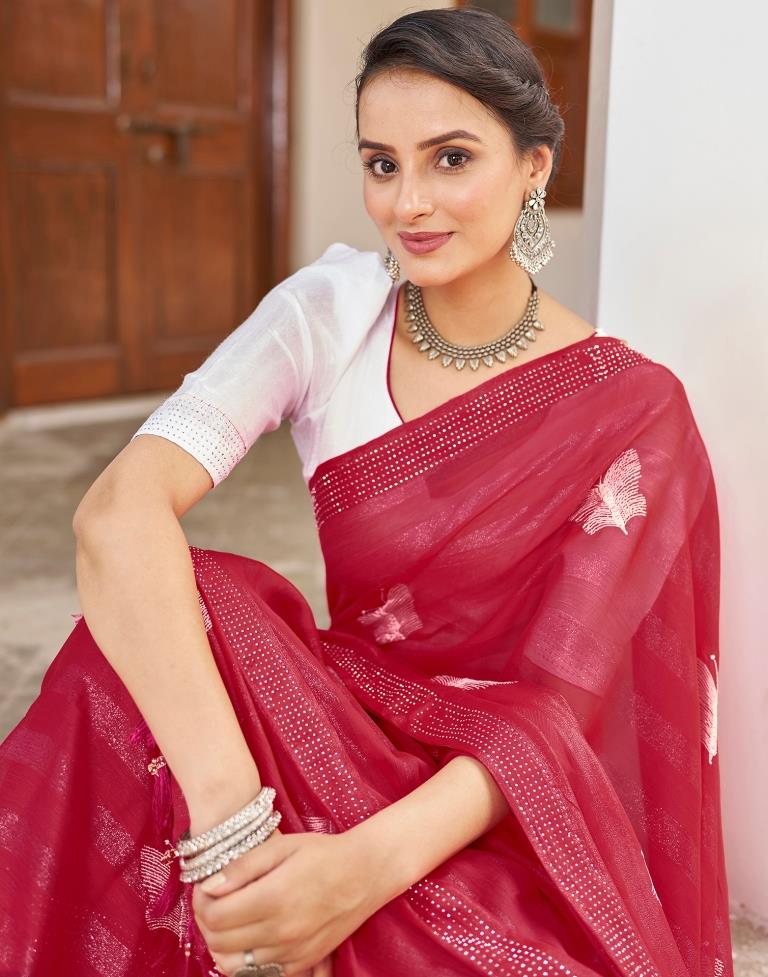 Ready to Wear Red Pink Chiffon Embroidery Saree