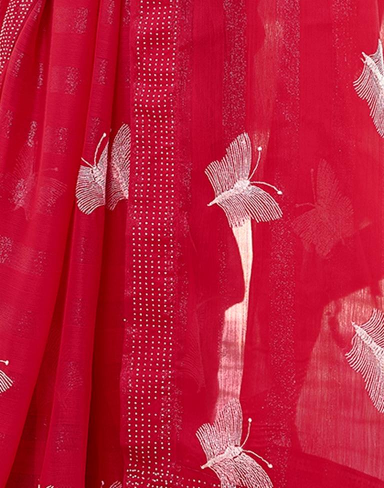 Ready to Wear Red Pink Chiffon Embroidery Saree