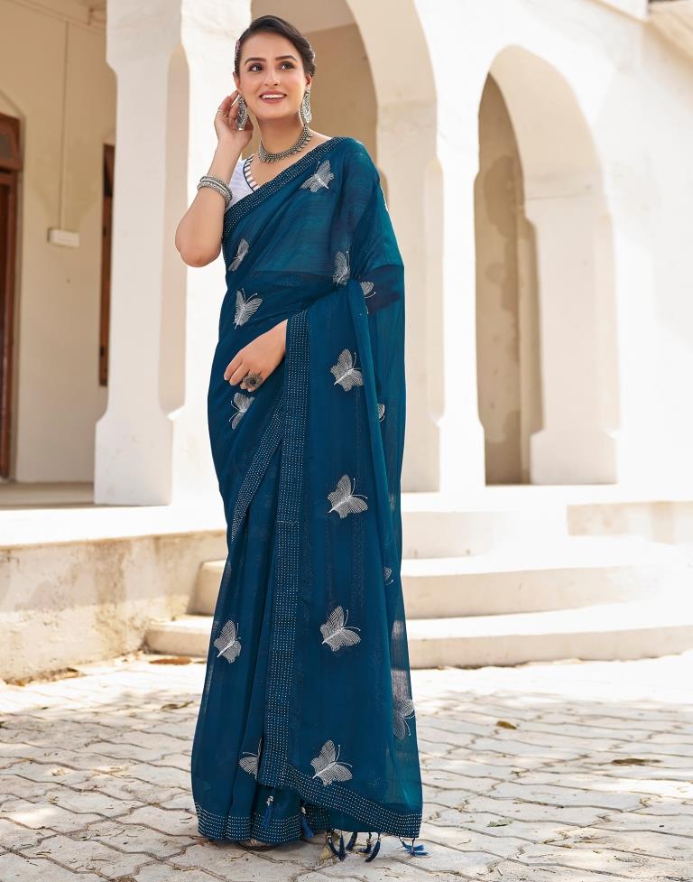 Ready to Wear Sea Blue Chiffon Embroidery Saree