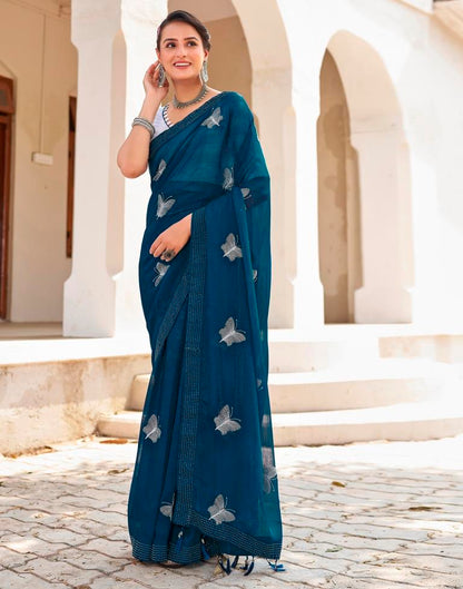 Ready to Wear Sea Blue Chiffon Embroidery Saree