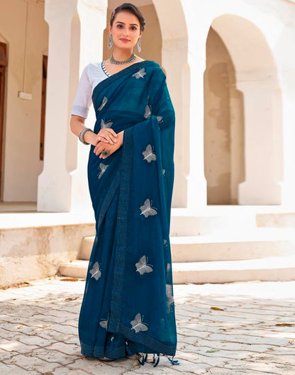 Ready to Wear Sea Blue Chiffon Embroidery Saree