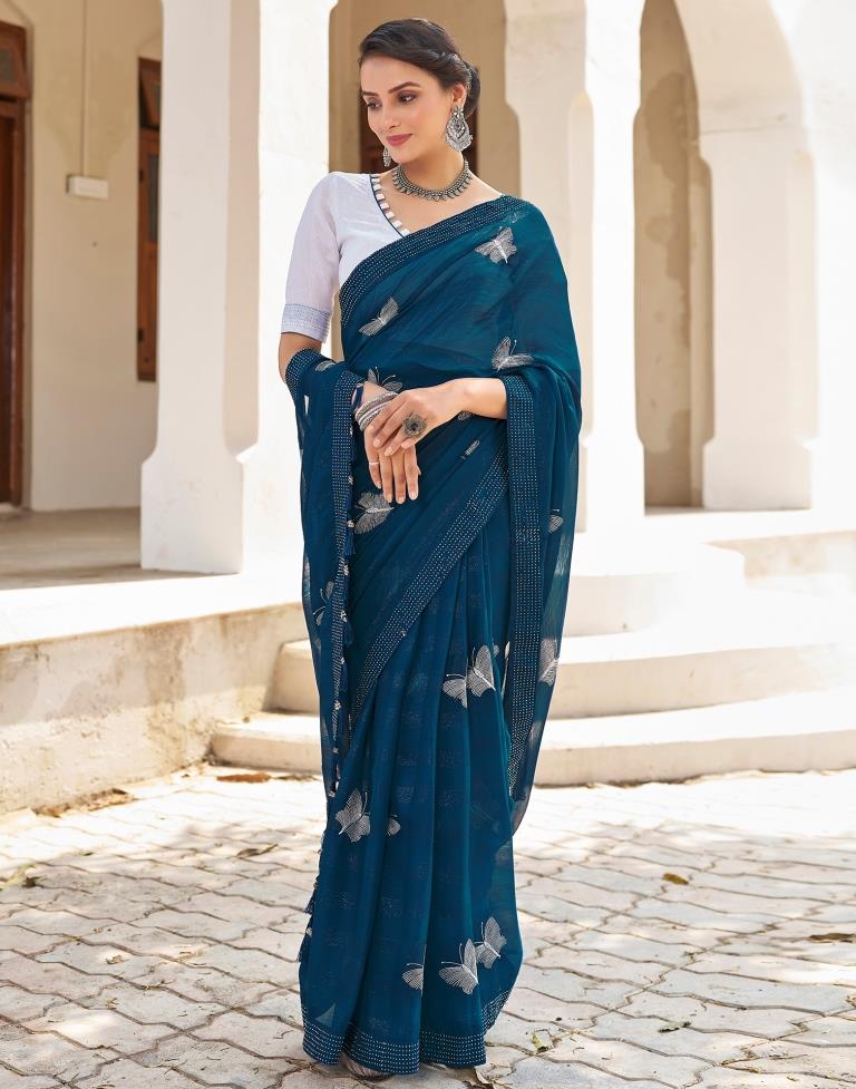 Ready to Wear Sea Blue Chiffon Embroidery Saree