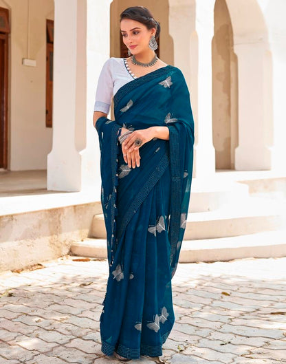 Ready to Wear Sea Blue Chiffon Embroidery Saree