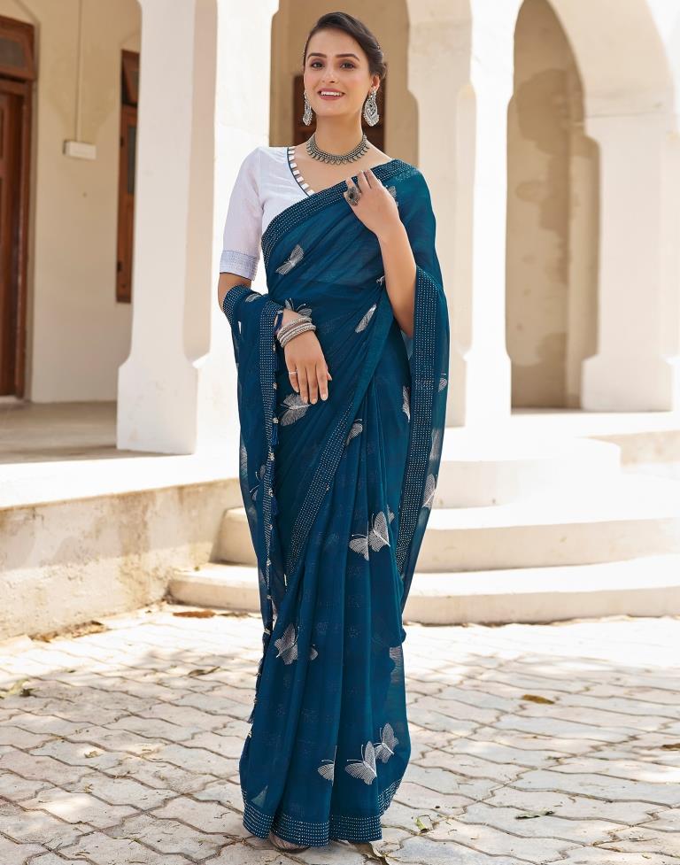 Ready to Wear Sea Blue Chiffon Embroidery Saree