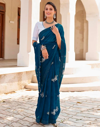 Ready to Wear Sea Blue Chiffon Embroidery Saree