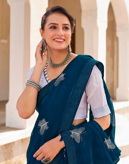 Ready to Wear Sea Blue Chiffon Embroidery Saree