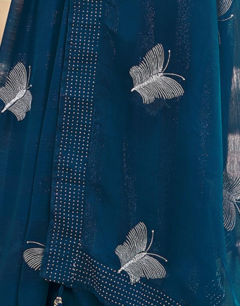 Ready to Wear Sea Blue Chiffon Embroidery Saree