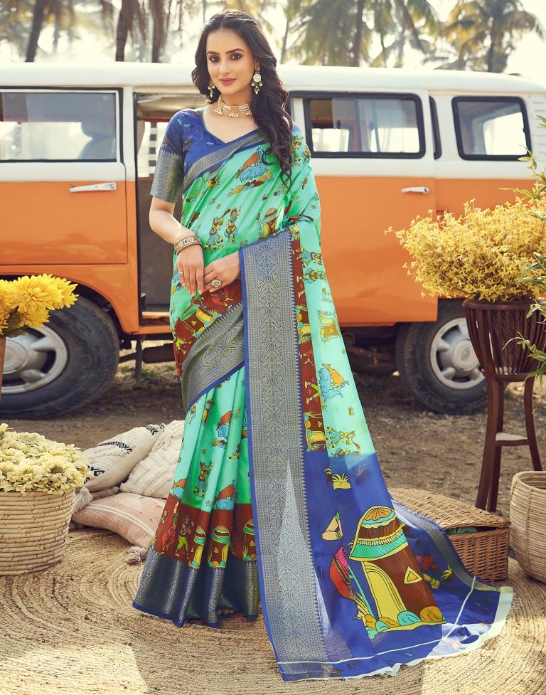 Ready to Wear Turquoise Silk Printed Saree