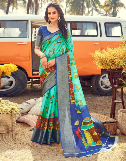 Ready to Wear Turquoise Silk Printed Saree