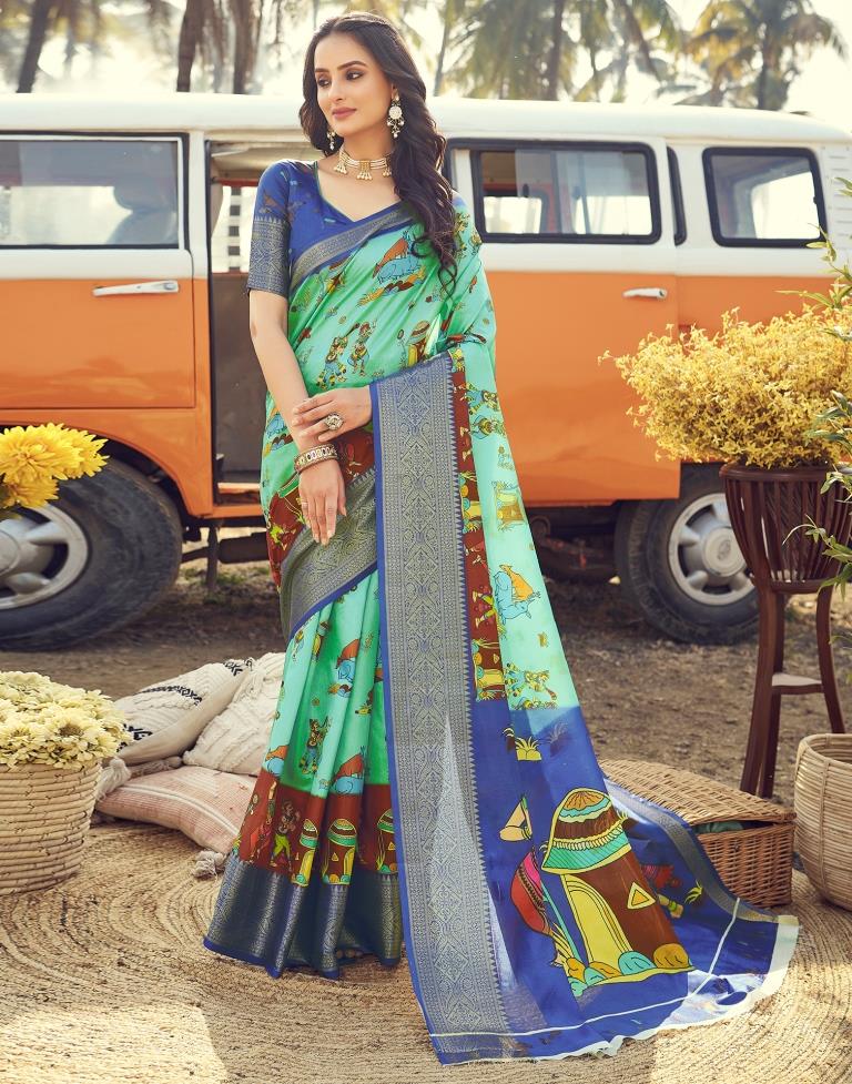 Ready to Wear Turquoise Silk Printed Saree