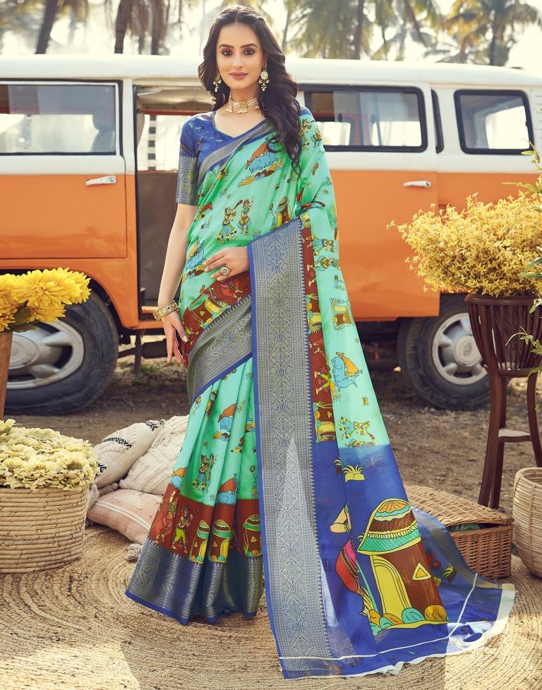 Ready to Wear Turquoise Silk Printed Saree