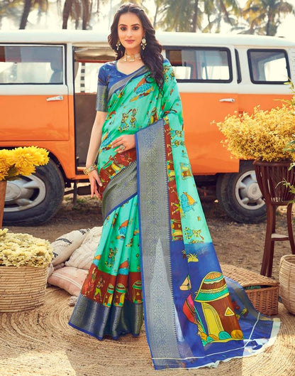 Ready to Wear Turquoise Silk Printed Saree